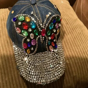 Rhinestone Denim Baseball Cap For Women and Girls, Buckle Closure, Multi Colored
